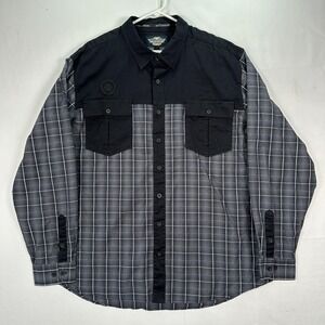 Harley Davidson Shirt Mens 3XL Black Gray Plaid Button Up Enbroider Long Sleeve